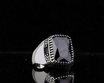 Black Signet Ring for Men – Sterling Silver 925 Black Gemstone Ring, Chunky Silver Stone Signet Ring