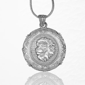 シルバーライオンネックレス、酸化スターリングシルバーライオンヘッドペンダント、男性用大胆なメダリオンジュエリー