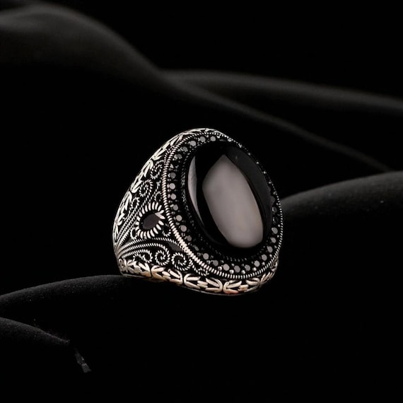 Large Black Onyx Ring for Men – Oval Gemstone Signet Ring in 925