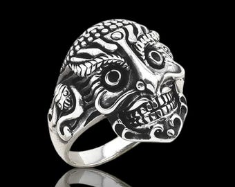 Sterling Silver Skull Ring: Gothic Floral Jewelry, Harley Biker Gift