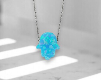 Blue Opal Hamsa Necklace: Sterling Silver Protective Pendant