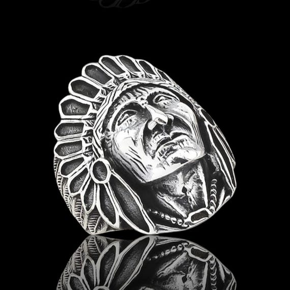 Sterling Silver Indian Chief Ring: Abalone Inlay Biker Jewelry - Etsy
