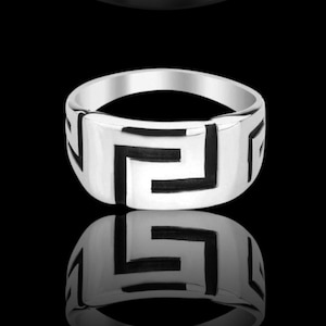 Handmade Greek Key Sterling Silver Signet Ring for Men, Unique Modern Greek Mythology Statement Ring, Stackable Silver Mens Jewelry