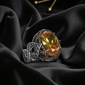 Large Oval Citrine Ring: Vintage Sterling Silver Statement Jewelry