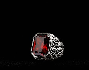 Handmade Sterling Silver Red Gemstone Ring, Vintage Cocktail Jewelry