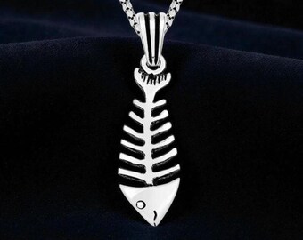 Collar de esqueleto de pez de plata, colgante de espina de pez hecho a mano, joyería de esqueleto de plata esterlina, collar llamativo único