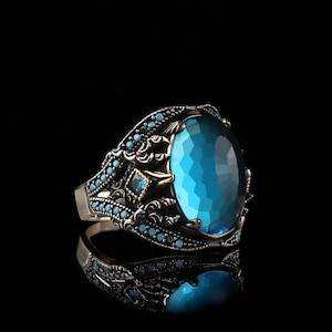 Blue Zircon Ring in Sterling Silver, Vintage Style Blue Stone Engagement Ring for Men & Women, Stacking or Cocktail Jewelry