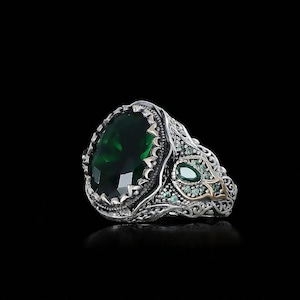 Large Green Stone Ring – Sterling Silver Big Gemstone Jewelry – Handmade Natural Green Ring – Unique Statement Silver Ring