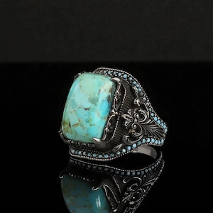 Handmade Sterling Silver Turquoise Ring for Men, Vintage Style 925 Blue Stone Jewelry