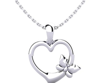 Sterling Silver Heart & Butterfly Necklace - Romantic Pendant