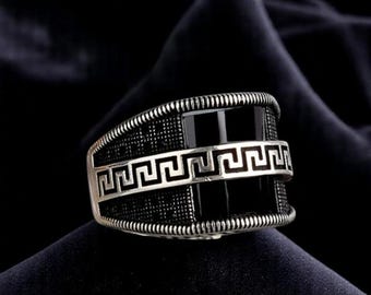 Mens Black Onyx Signet Ring: Sterling Silver Greek Key Design
