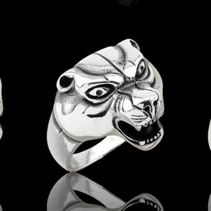 925 Sterling Silver Panther Head Ring, Bold Big Cat Animal Jewelry, Jaguar Ring, Mens Statement Wild Cat Ring