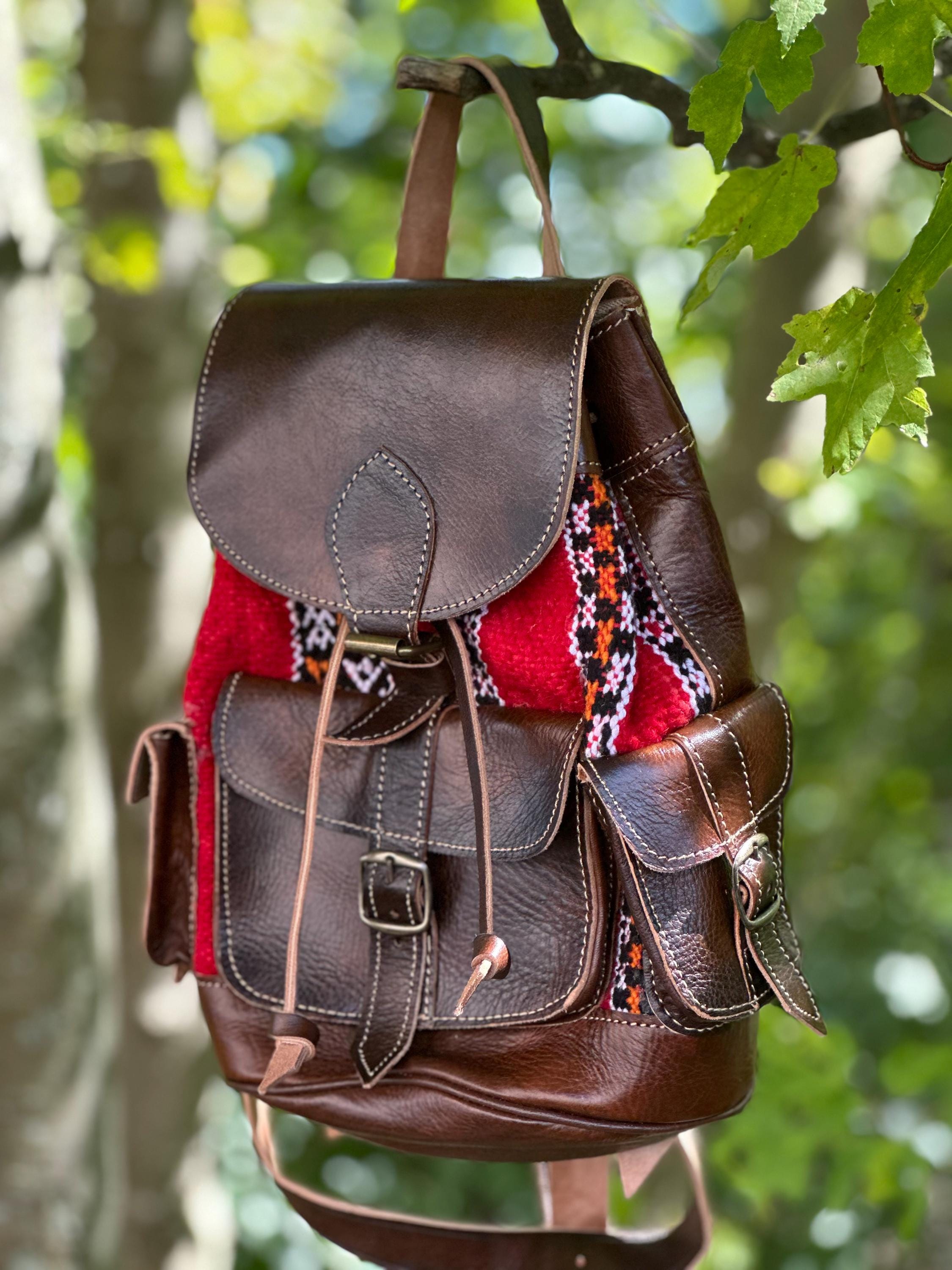 Hand stitched Moroccan Artisan Leather Backpack with Woven Design Moroccan Woven Market Backpack — Aimé Lou main image 4