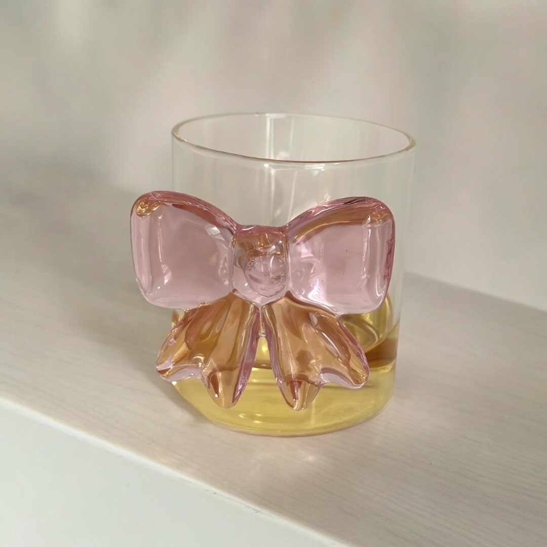 Elegant Pink Bow Glass Cup Handcrafted Transparent Tumbler With 3D Bow ...
