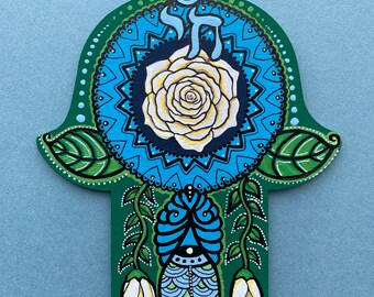 White Rose Chai Hebrew Hamsa hand.