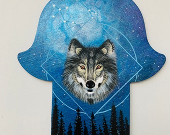 Nighttime Celestial Gemini Wolf Dog Hamsa Hand