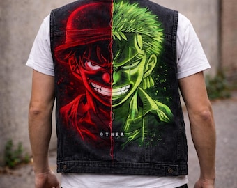 One Piece Vest Hand Painted – Luffy Zoro Anime Custom Vest, Unique Streetwear, One of a Kind Manga Clothing