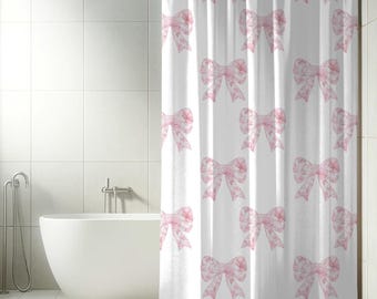 Pink Toile Bow Shower Curtain Guest Bathroom Decor Coquette Shower Curtain Girl Bathroom Teen Bathroom Preppy Feminine Bathroom Decor