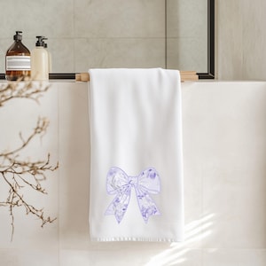 Coquette Bow Hand Towel Lavender Chinoiserie Style Guest Bath Decor Preppy Bathroom Elegant Primary Bath Housewarming Gift Dorm Room Decor
