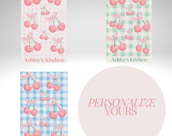 Personalized Kitchen Tea Towel Custom Name Design Home Gift for Bride Shower Present Farmhouse Decor Cotton Linen Pink Gingham Cherry Art