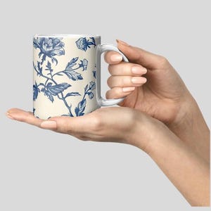 Toile Print Coffee Mug Blue and White Ceramic French Toile Style Mug French Country Blue and White Mug for Coffee Lover Gift for Coworker