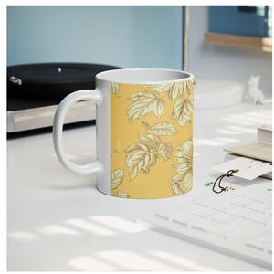 Toile Print Coffee Mug Yellow Floral Ceramic Mug French Toile Style Mug French Country Yellow Floral Mug for Coffee Lover Gift for Coworker