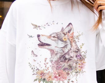 Felpa con lupo vintage, pullover con lupo floreale boho, maglione con lupo femminile acquerello, regalo per gli amanti della natura selvaggia e selvaggia, top dalla vestibilità comoda