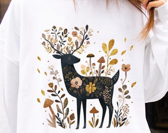 Boho Woodland Folk Art Mushroom Deer Sweatshirt, Autumn Stag Sweater, Harvest Season Apparel, Botanical Toadstool Deer, Forestcore Art Top