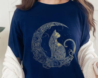 Forestcore Cat T-Shirt: Crescent Moon, Celestial Boho Tee