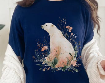 Watercolor Polar Bear T-Shirt: Boho Floral Meadow Tee