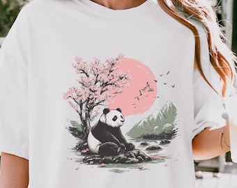 Komfortfärger Panda T-shirt, Blommig Panda T-shirt, Boho Vintage Japansk Estetisk T-shirt, Gåva för Naturälskare, Bekväm Oversized Topp