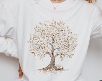 Tree of Life Long Sleeve T-Shirt, Cozy Tree Sleeping Cat Graphic Tee, Perfect Gift for Nature Lovers, Cat Mama Shirts, Fall Fashion Top