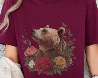 Boho Bear Mosaic Art Tshirt, Comfy Relaxed Fit Bear Tee, Floral Brown Bear, Nature Lover Gift, Unique Forestcore Bear Top, Autumnal Apparel