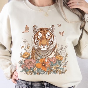 Boho Tiger Sweatshirt, Floral Bengal Tiger Pullover, Vintage Animal Top, Nature Lover Crewneck Sweater, Unique Feminine Zoo Animal Gift Top image 1