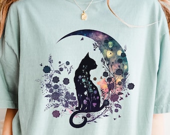Himmlische Katze Komfort Farben Tshirt | Floral Mond Katze Shirt, Geschenk für Katzen Mama, wunderliche Tier Kunst Tee für Naturliebhaber, Geschenk für Sie