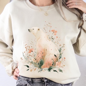 Boho Watercolor Polar Bear Sweatshirt: Floral Wildlife Art