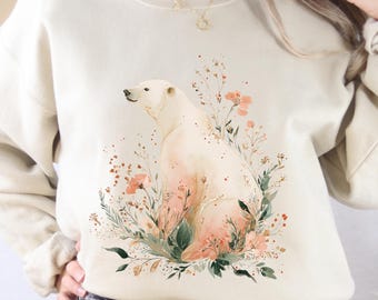 Sweat-shirt bohème aquarelle ours polaire : art floral animalier