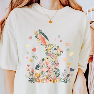 Cute Easter Bunny Rabbit Comfort Colors® Relaxed Fit Graphic Tee Shirt, Floral Spring Bunny Tshirt, Seasonal Nature Lover Gift