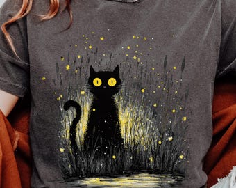Ethereal Firefly Cat Comfort Colors Graphic Tee & Long Sleeve Shirt, Nature Lover Tee, Spooky Cat Halloween Top, Dark Gothic Cat Tee