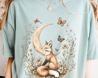 Cottagecore Fox Comfort Colors Whimsical Nature Tshirt, Woodland Animal Lover Gift for Her, Cute Animal Shirt, Boho Celestial Fox Tee