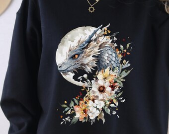 Boho Moon Dragon Sweatshirt, Floral Watercolor Dragon Sweater, Celestial Fantasy Creature Adult Unisex Sweatshirt, Unique Gift for Her