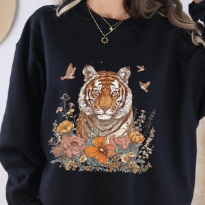 Boho Tiger Sweatshirt, Floral Bengal Tiger Pullover, Vintage Animal Top, Nature Lover Crewneck Sweater, Unique Feminine Zoo Animal Gift Top image 2