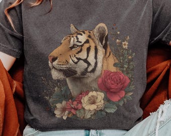 Vintage Tiger Graphic Tee: Comfort Colors Floral Mosaic Art Shirt