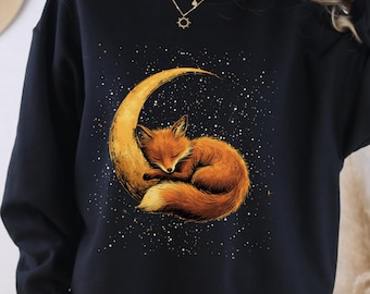 Felpa con Volpe Addormentata a Mezzaluna / Felpa Unisex per Adulti con Volpe della Notte Stellata Celeste, Maglione con Grazioso Animale, Regalo Stravagante per gli Amanti della Natura