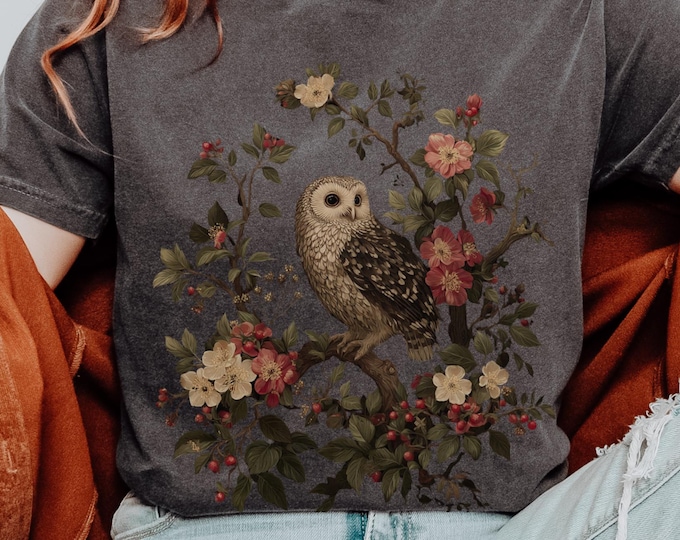 Dark Cottagecore Owl Comfort Colors Adult Unisex Garment Dyed Tee & Long Sleeve Tee, Forestcore Owl Top, Vintage Gothic Shirt, Gift for Her