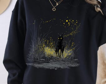 Darkcore Wolf Sweatshirt, Firefly Lit Wolf Naturszene, Gruseliges Oberteil, Goblincore Wolf Oberteil, Spooky Saison Halloween Pullover