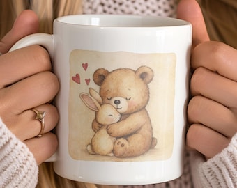Taza con un encantador oso y conejito acurrucándose, linda taza de café, taza de té con un conejito caprichoso, regalo para la primavera, taza para amantes de los conejitos y los osos, taza con un poco de amor