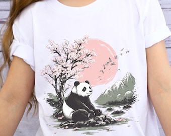 Boho Panda Bär Jugend Kurzarm Unisex Jersey T-Shirt, süßes Blumenpanda T-Shirt für Kinder, japanische ästhetische Hemden, Panda-Liebhaber Geschenk