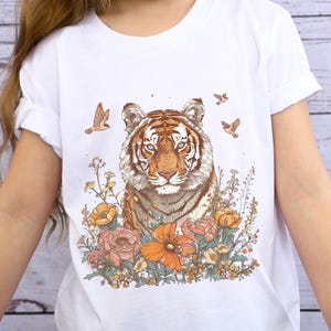Boho Tiger Youth Summer Tshirt, Whimsical Floral Tiger Shirt for Kids, Cute Unisex Jersey Graphic Jungle Tee, Safari Top, Kids Birthday Gift