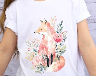 Watercolor Fox Youth Short Sleeve Unisex Jersey Tee, Cute Floral Fox T-Shirt for Kids, Whimsical Shirts, Nature Lover Gift, Fox Lover Gift